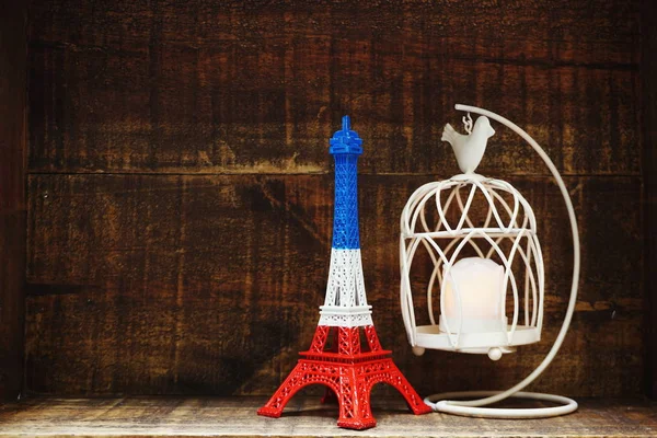 Eiffel Tower Statue Space Copy Wooden Background — Stock Photo, Image