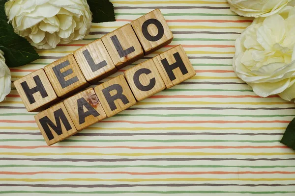 Алфавит Hello March Буквы Фоне Красочных Полос — стоковое фото