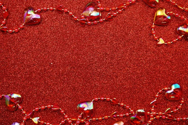Valentýn Červeným Srdcem Top Pohled Červené Třpytky Pozadí — Stock fotografie