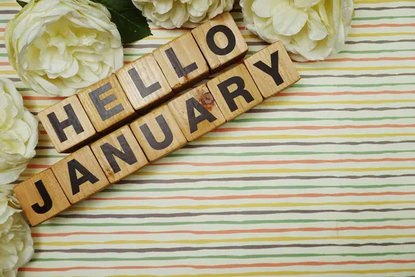 Hello January Alphabet Letters Space Copy Colorful Stripes Background — Stok Foto