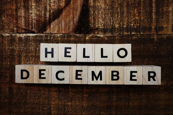 Ciao Dicembre Alfabeto Lettere Sfondo Legno — Foto Stock
