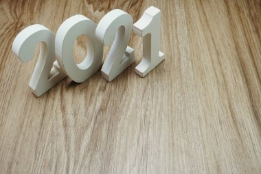 2021 Mutlu Yıllar, ahşap arka planda yer kopyası ile