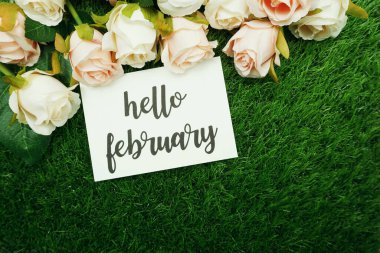 Hello February Card with roses flower bouquet with space copy