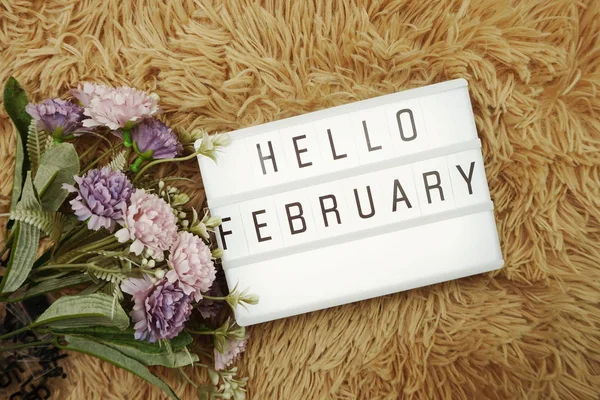 Hello February word in light box and flower bouquet