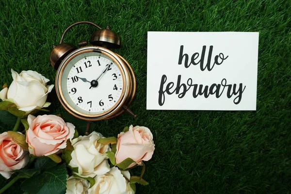 Hello February Card with alarm clock and roses flower bouquet