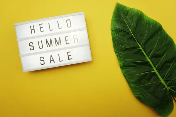 Hello Summer Sale text in light box with green leave on yellow background