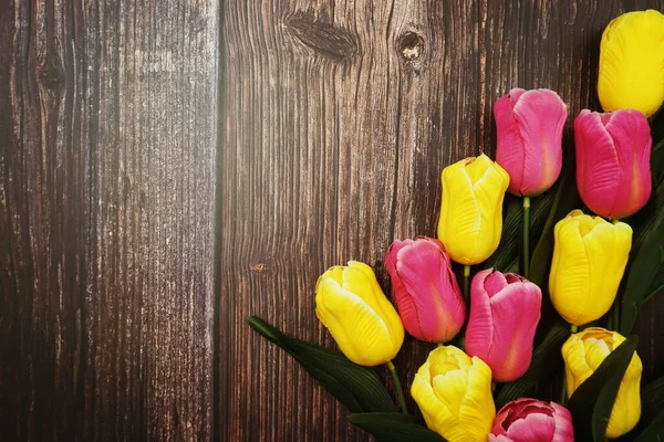 Strauß Von Rosa Und Gelben Tulpen Blumen Mit Leerzeichen Kopie — Stockfoto