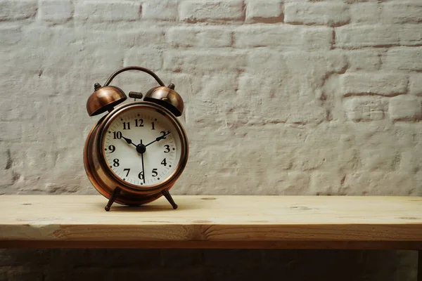 Vintage Alarm Clock Space Copy Wooden Shelves Background — Stock Photo, Image