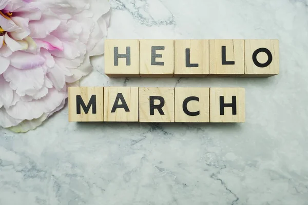 Hello March Alphabet Letters Pink Flower Decoration Marble Background — Stock Photo, Image