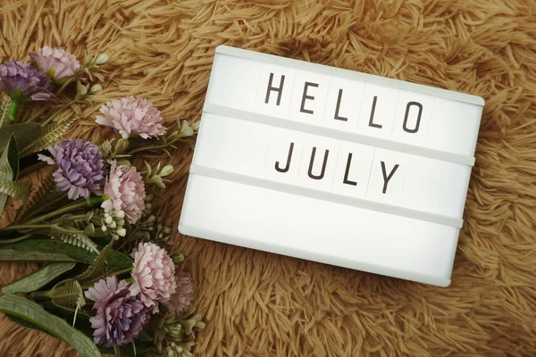 Hello July Word Light Box Flower Bouquet — Stock Photo, Image