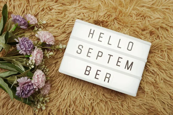 Hello September word in light box and flower bouquet