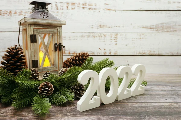 2022 Šťastný Nový Rok Vánoční Lucernou Dekorativní Prostorem Kopie Dřevěném — Stock fotografie