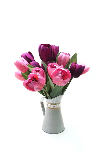 Flowers Bouquet Metal Vase Isolated White Background — Stock Photo, Image