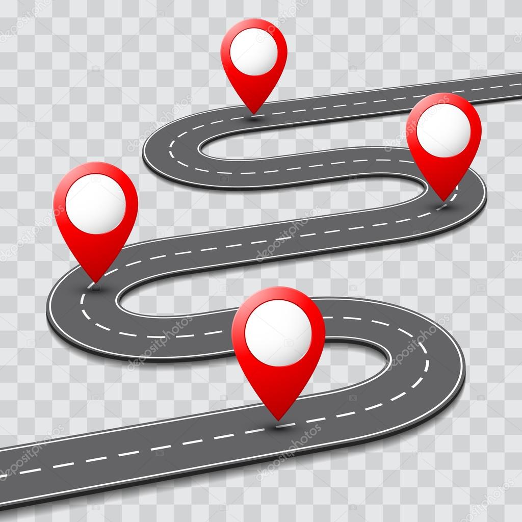 Vector pathway road map with GPS route pin icon