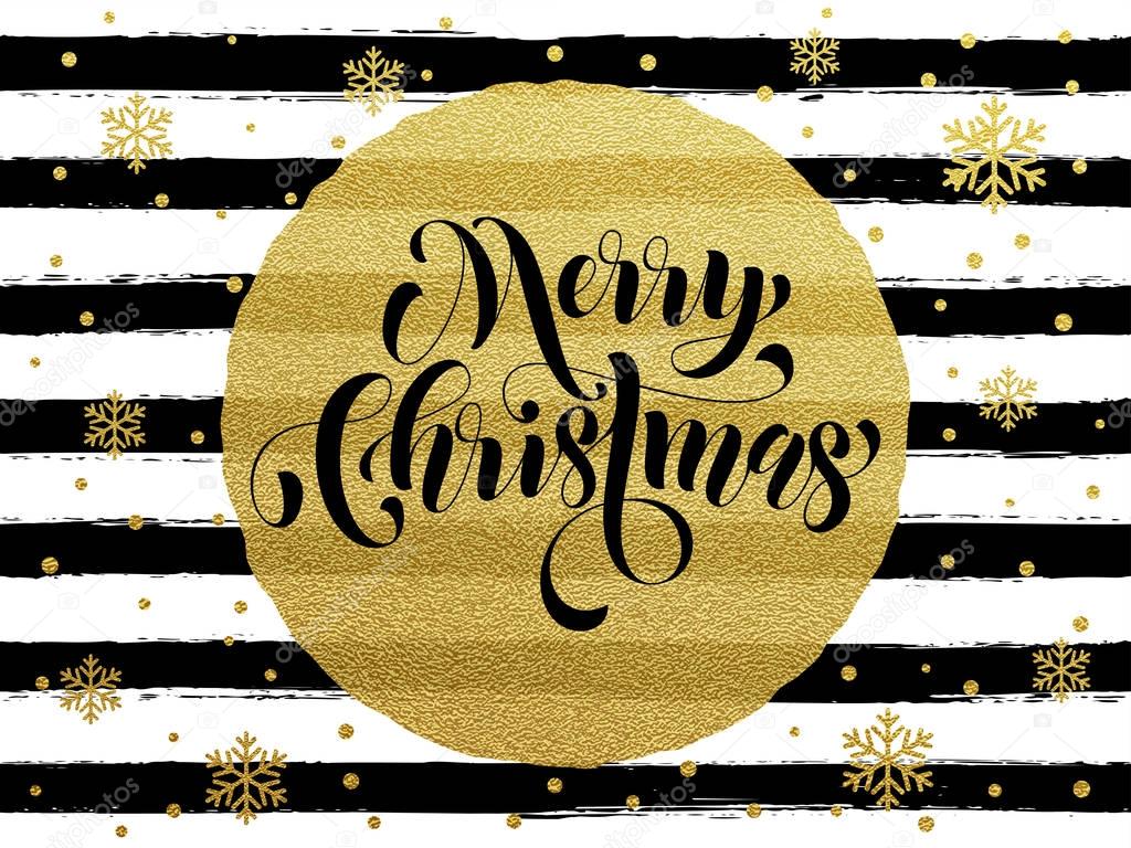 Merry Christmas zÅ‚oty brokat folia zÅ‚ocenia Å¼yczeniami Vector czarne paski pÅ‚atki Å›niegu ZÅ‚ote bÅ‚yszczÄ…ce koÅ‚o ornament piÅ‚ka