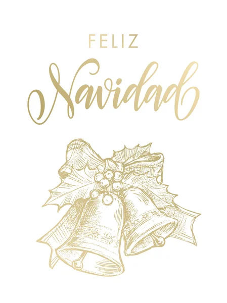 Saludo español Feliz Navidad Feliz Navidad oro campana ornamento — Vector de stock