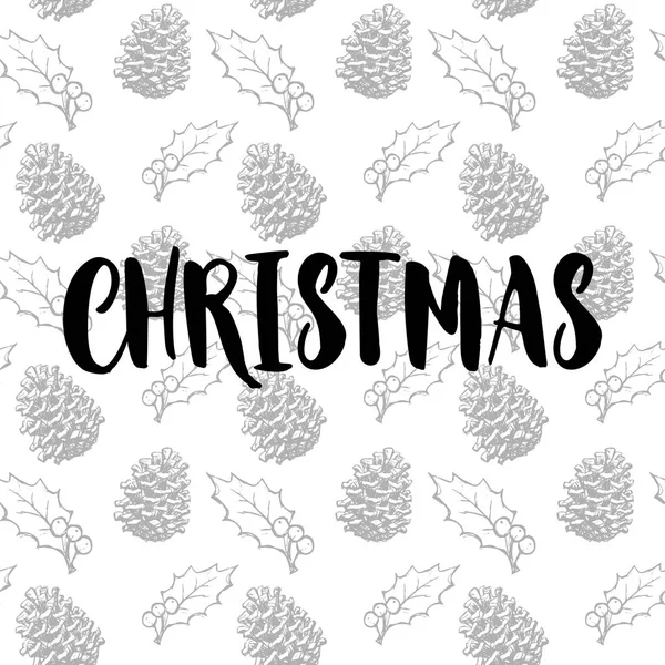 Feliz Natal texto sobre azevinho, cone padrão —  Vetores de Stock