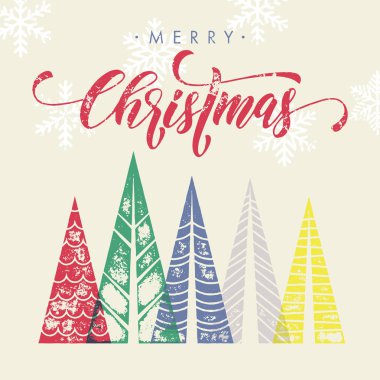 Kış orman arka plan ile Noel ağaçları tebrik kartı