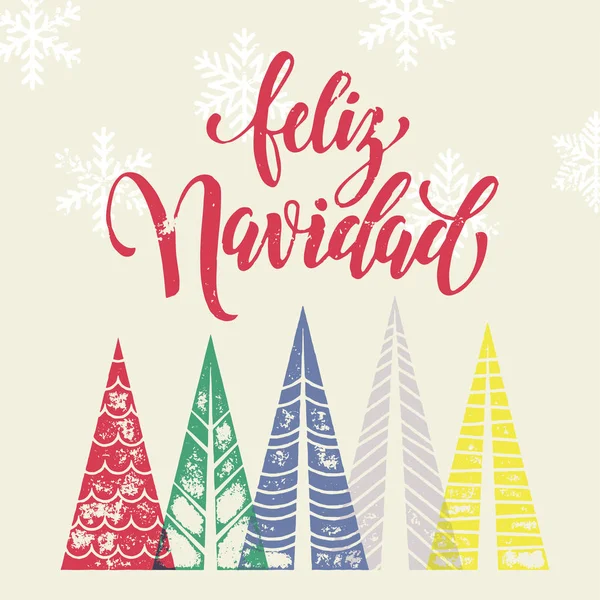 Colorido invierno goliday tarjeta de felicitación española Feliz Navidad texto — Vector de stock