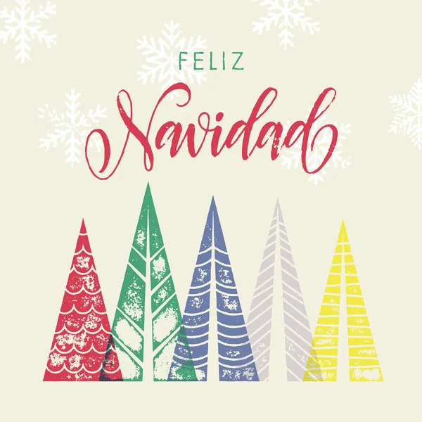 Colorido invierno goliday tarjeta de felicitación española Feliz Navidad texto — Vector de stock