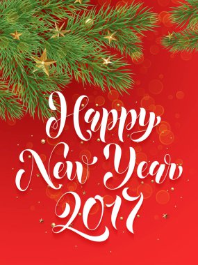 Mutlu yeni yıl tebrik kartı dekoratif kırmızı arka plan ile süsler
