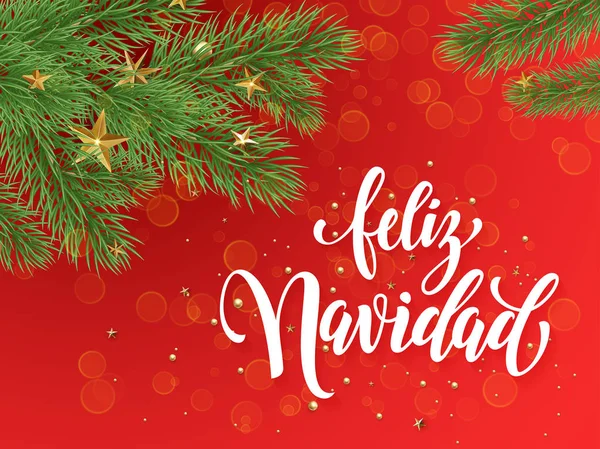 Hiszpański Merry Christmas Feliz Navidad życzeniami ozdoba czerwone tło — Wektor stockowy