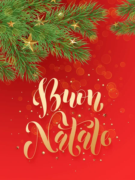 Ιταλική χαρούμενα Χριστούγεννα Buon Natale φόντο διακόσμηση αστέρια, μπάλες, κλαδιά — Διανυσματικό Αρχείο
