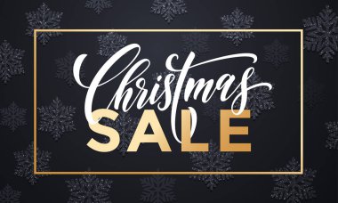 Satılık altın metin afişini kar taneleri desen ve altın çerçeve