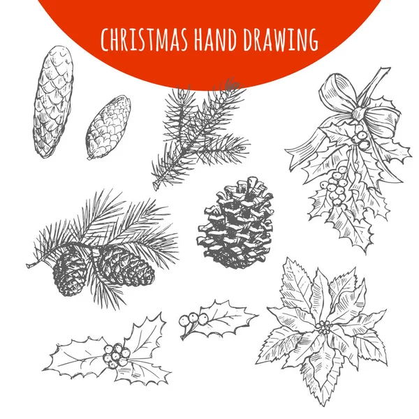 Pin de Noël, branches de sapin et cônes croquis vectoriel — Image vectorielle