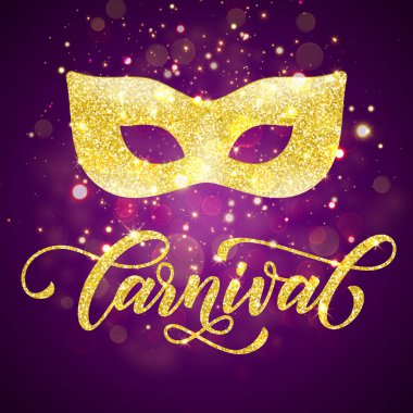 Mardi Gras golden mask carnival lettering for masquerade clipart