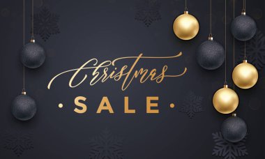 Kar taneleri, topları ile Noel satış altın afiş arka plan