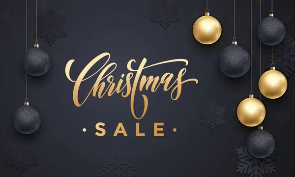 Bannière boules de Noël dorées de vente de Noël avec motif de flocons de neige — Image vectorielle