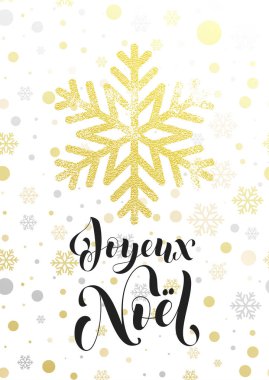 Neşeli Noel Fransızca Joyeux Noel tebrik kartı altın glitter kar tanesi