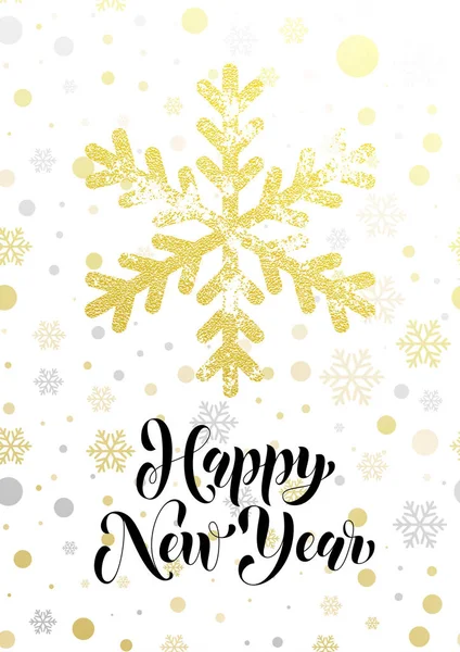 Šťastný nový rok zlaté třpytky vločka blahopřání text písma — Stockový vektor