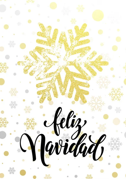 Feliz Navidad Español Feliz Navidad texto dorado brillo patrón de copo de nieve — Vector de stock