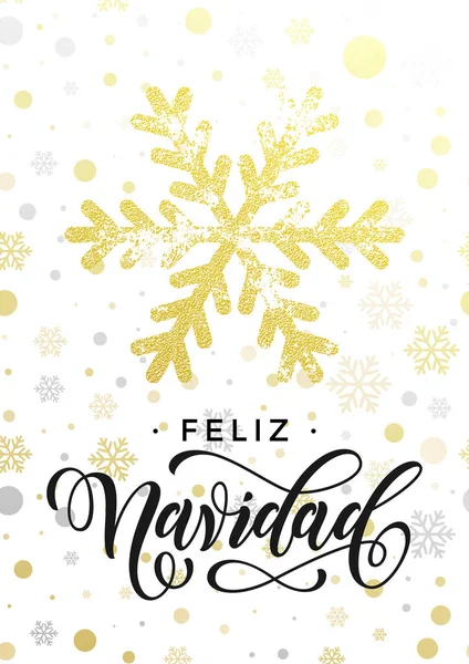 Frohe Weihnachten spanische feliz navidad Grußkarte goldene glitzernde Schneeflocke — Stockvektor