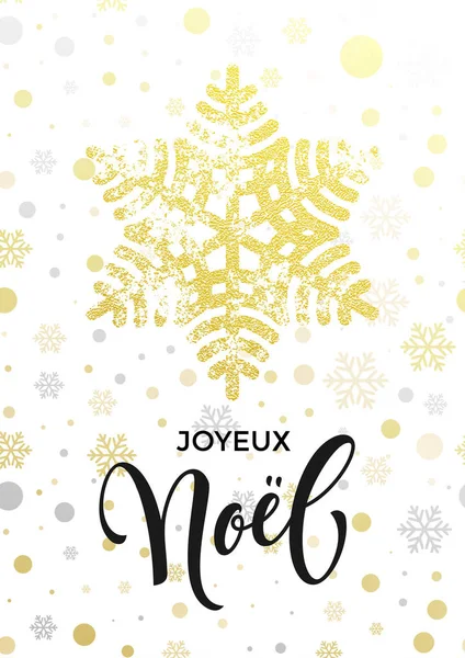 Feliz Natal francês Joyeux Noel cartaz com brilho dourado floco de neve — Vetor de Stock