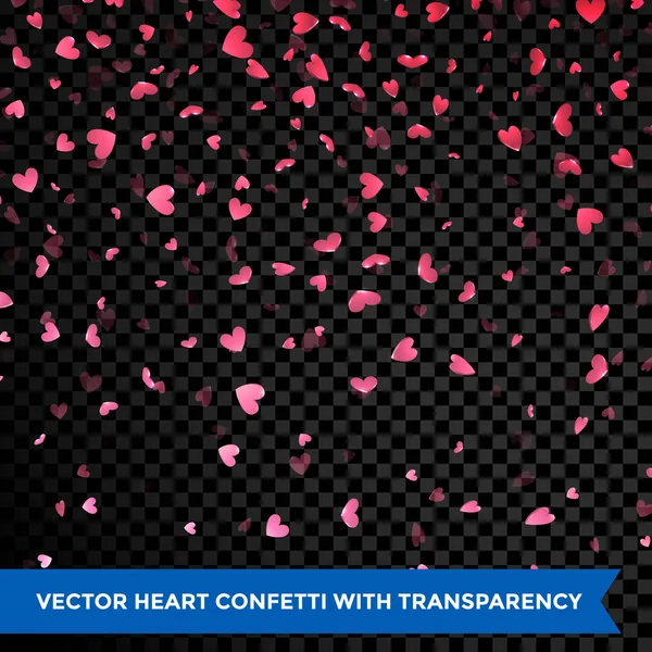 Szívek szirmok konfetti esik átlátszó háttér Valentin-nap tervezés — Stock Vector