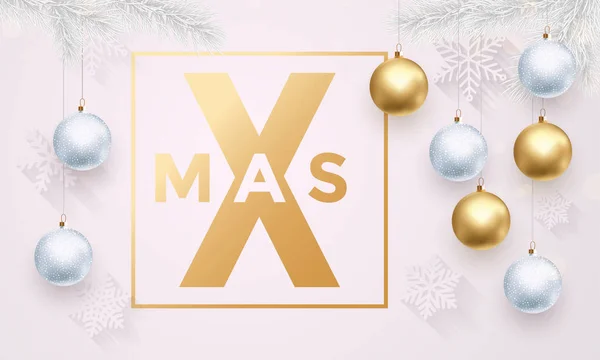 Gouden decoratie bal ornament Merry Christmas Vakantiewoningen witte groet — Stockvector