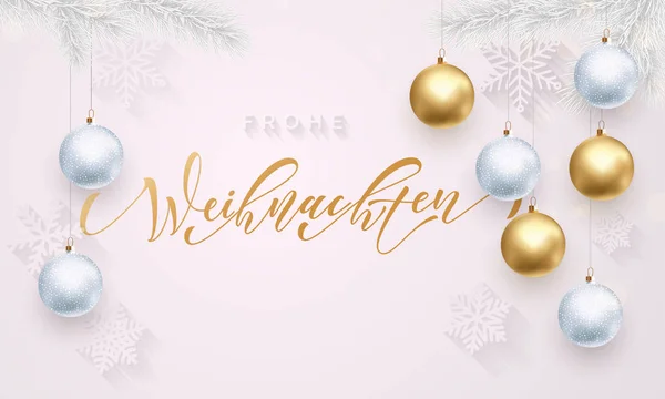 Deutsche weihnacht frohe weihnachten gold und weiße schneeflocken ornament dekoration — Stockvektor