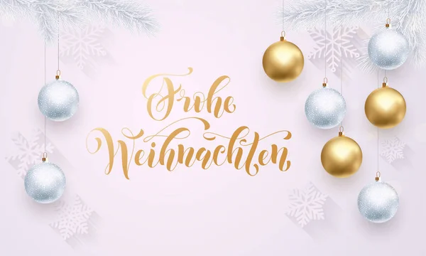 Frohe Weihnachten frohe Weihnachten weißes Muster goldener Kalligraphie Schriftzug — Stockvektor