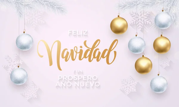 สเปน Merry Christmas Feliz Navidad ตกแต่งทองคําตัวอักษรเกล็ดหิมะสีขาว — ภาพเวกเตอร์สต็อก