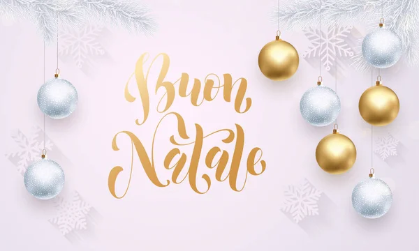 Italiano Feliz Natal Buon Natale dourado branco floco de neve decoração caligrafia — Vetor de Stock