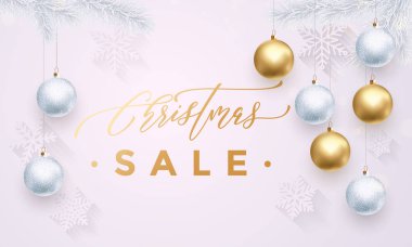 Kar taneleri, topları ile Noel satış altın afiş beyaz arka plan