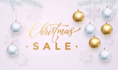 Noel satışı büyük başlığı kar taneleri ile beyaz desen altın top süsler