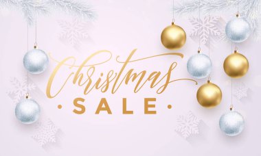 Snowflakes desen altın topları ile Noel satışı beyaz büyük başlığı