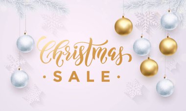 Noel satış afiş beyaz kar taneleri ile desen altın süsler