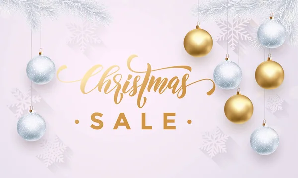 Bannière de vente de Noël avec motif de flocons de neige blancs ornements d'or — Image vectorielle