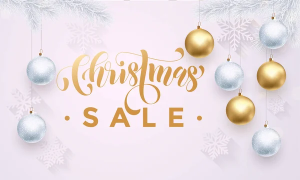 Vente de Noël avec des flocons de neige motif blanc boules d'or décorations — Image vectorielle