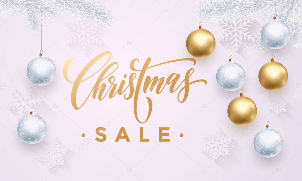 Xmas Sale golden Christmas balls white banner with snowflakes pattern